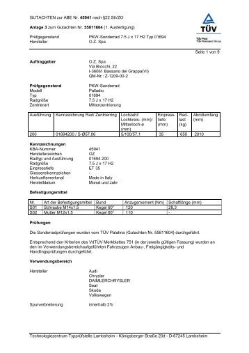 GUTACHTEN zur ABE Nr. 45941 nach Â§22 StVZO ... - Autoteilefrau.eu