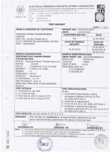 16 KVA Temperature Rise Test - Diamond Power Infrastructure Ltd.