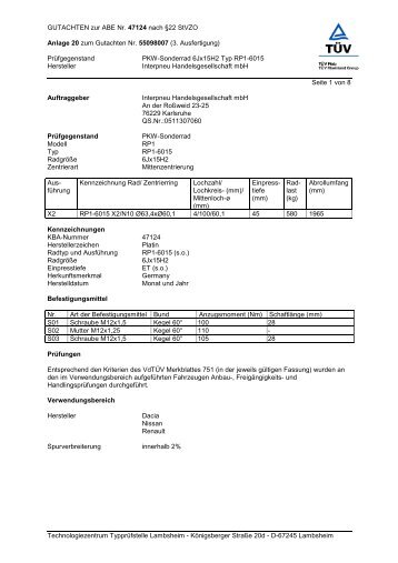 GUTACHTEN zur ABE Nr. 47124 nach §22 StVZO ... - onlineraeder.de