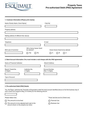 Pre-Authorized Debit Agreement form - Township of Esquimalt