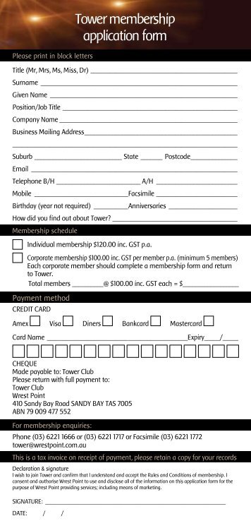 Tower membership application form - Wrest Point Hotel Casino