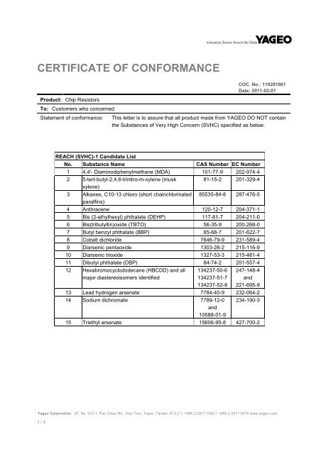certificate of conformance - Yageo