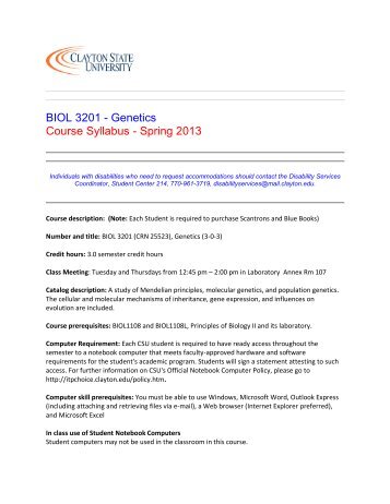 BIOL 3201 - Genetics Course Syllabus - Spring 2013