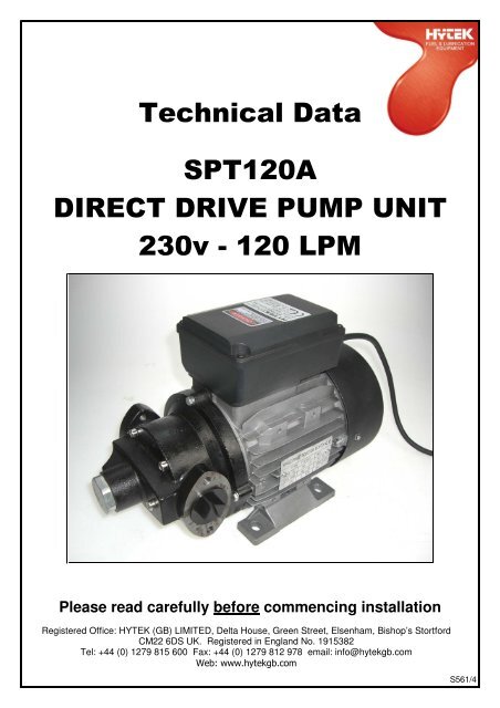 Technical Data SPT120A DIRECT DRIVE PUMP UNIT 230v ... - Hytek