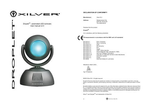 Droplet , automated LED luminaire User manual v2.0