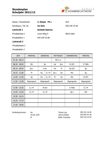 Stundenplan Schuljahr 2012/13 - Schule Hombrechtikon