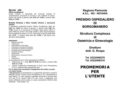 Promemoria Utente Ostetricia e Ginecologia - ASL 13 Novara