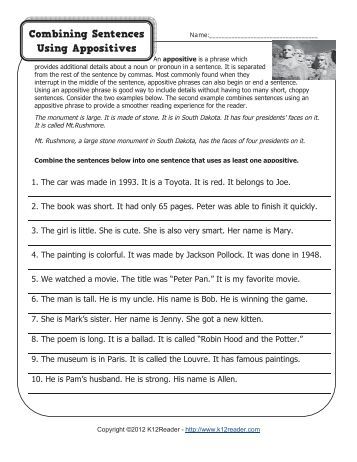 APPOSITIVE PRACTICE WORKSHEET  MrsTolin