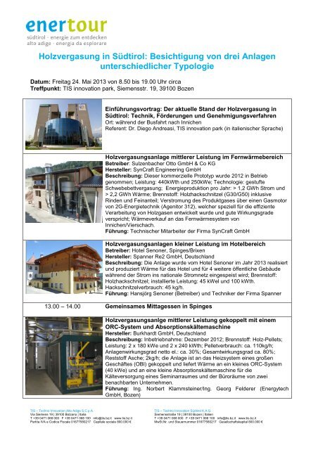 Holzvergasung in Südtirol: Besichtigung von drei Anlagen ... - Enertour