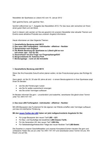 Newsletter der Sparkasse zu LÃ¼beck AG vom 10. Januar 2012 Sehr ...