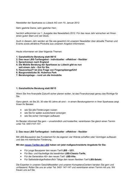 Newsletter der Sparkasse zu LÃ¼beck AG vom 10. Januar 2012 Sehr ...