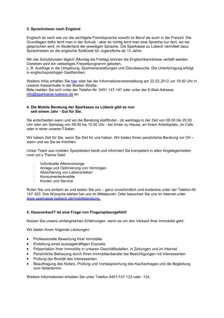 Newsletter der Sparkasse zu LÃ¼beck AG vom 10. Januar 2012 Sehr ...