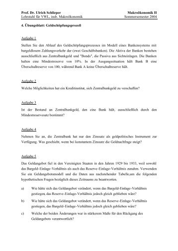 Prof. Dr. Ulrich Schlieper MakroÃƒÂ¶konomik II Lehrstuhl fÃƒÂ¼r VWL, insb ...