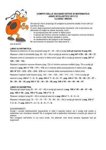 compiti delle vacanze estive di matematica - Scuola San Vincenzo