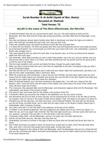 Surah Number 8: Al-AnfÃ¢l (Spoils of War, Booty) - Noore Madinah ...