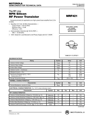 NPN Silicon RF Power Transistor MRF421 - CB Tricks