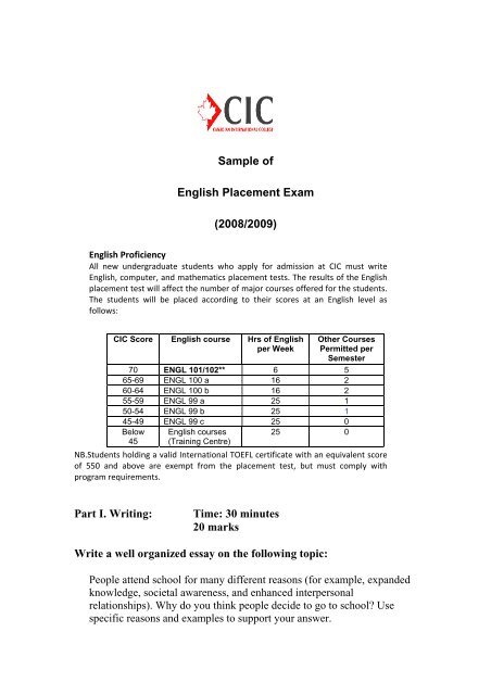 Sample Of English Placement Exam 2008 2009 Part I Writing