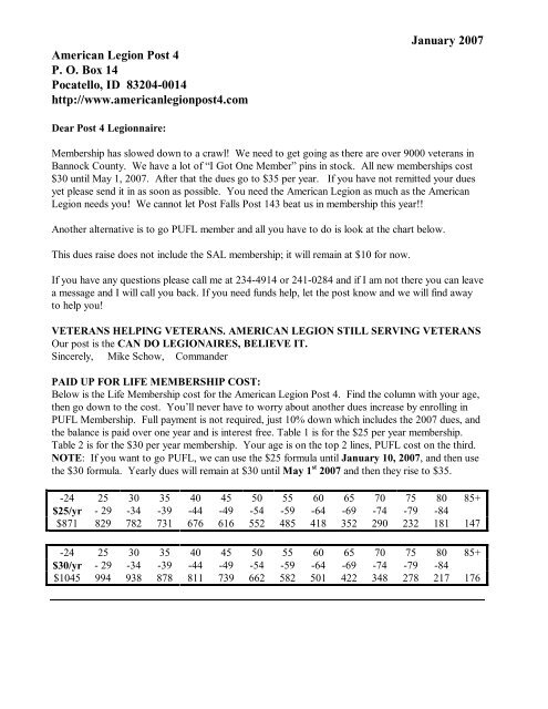 American Legion Dues Chart