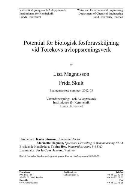 Potential fÃ¶r biologisk fosforavskiljning vid Torekovs ... - Svenskt Vatten