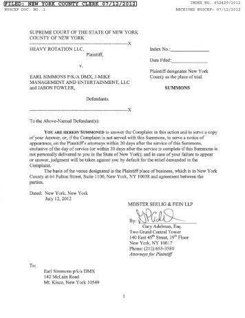 filed: new york county clerk 07/12/2012 - Entertainment Law Digest