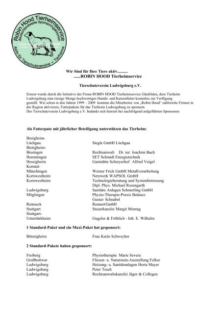 Liste der Sponsoren - Tierschutzverein Ludwigsburg