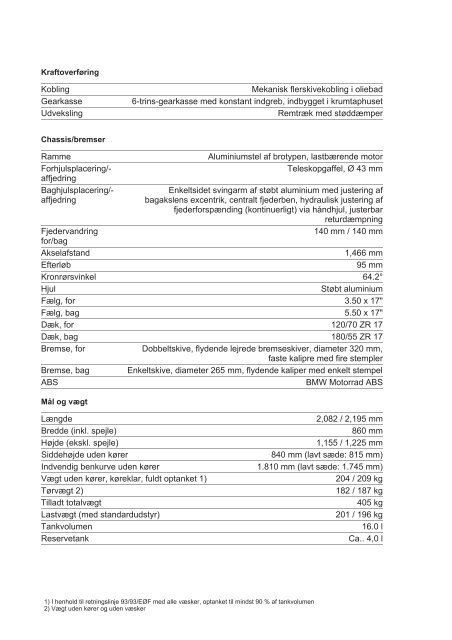 Tekniske specifikationer (.pdf) - BMW MC Klub Danmark