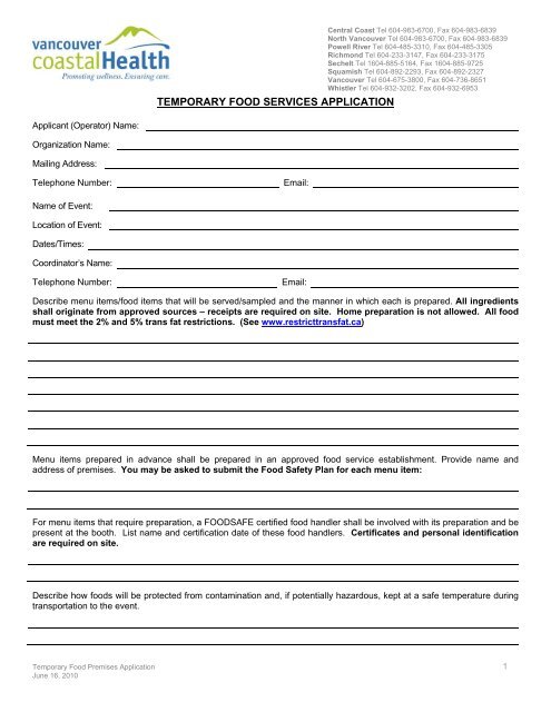 Temporary Food Service Application - Vancouver Coastal Health