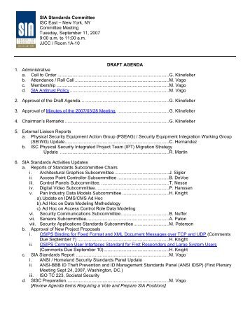 Draft Agenda SIA Standards Committee Meeting - 2007/09/11