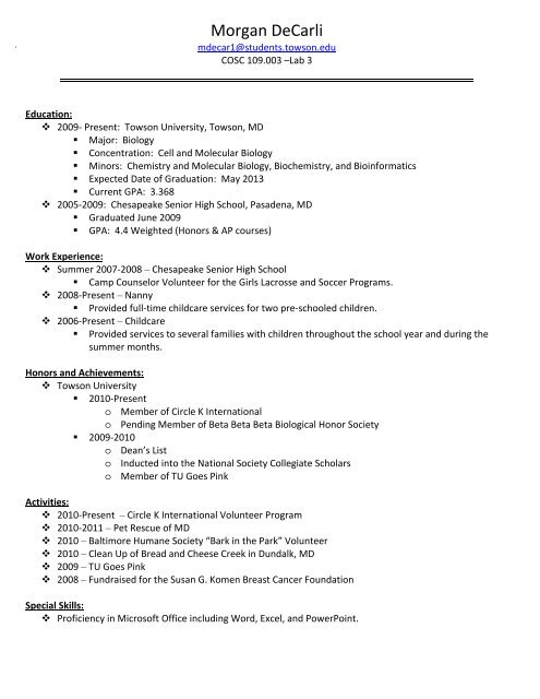 My Resume - Towson University