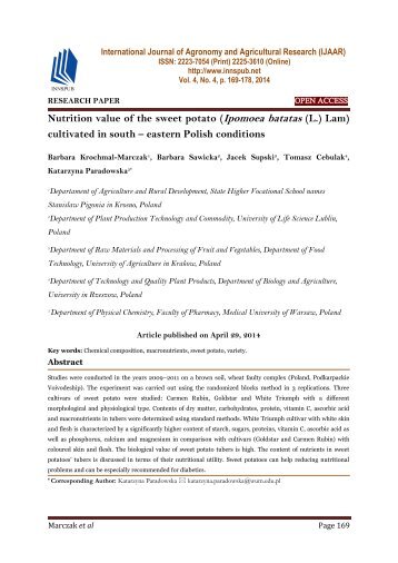 Nutrition value of the sweet potato (Ipomoea batatas (L.) Lam) cultivated in south – eastern Polish conditions