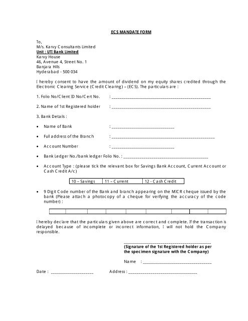 ECS MANDATE FORM To, M/s. Karvy Consultants ... - Axis Bank Logo