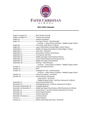 School Calendar 2011-2012 - Faith Christian School
