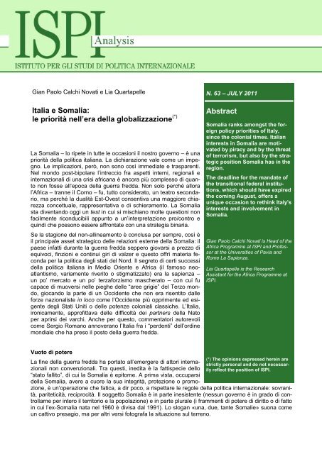 Abstract Italia e Somalia: le prioritÃ  nell'era della globalizzazione - Ispi