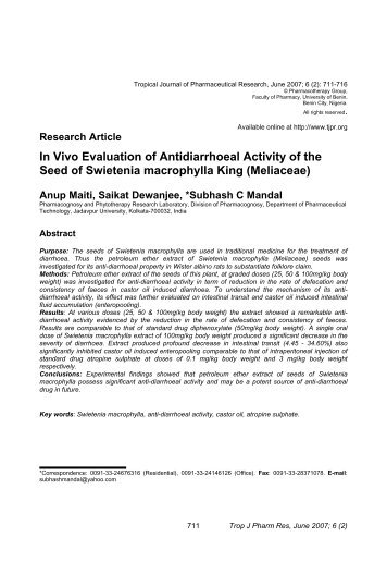 In Vivo Evaluation of Antidiarrhoeal Activity of ... - Bioline International