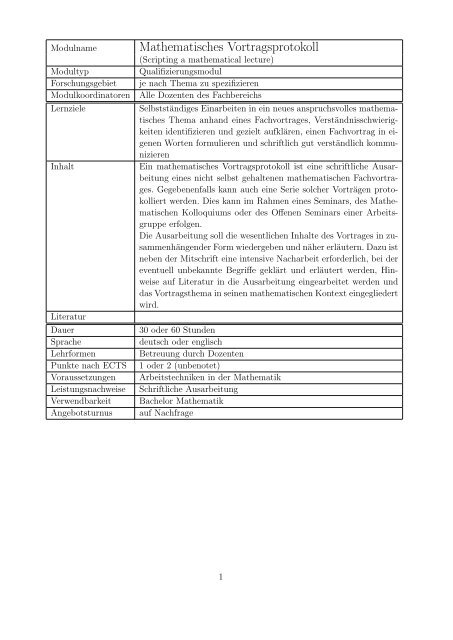 Mathematisches Vortragsprotokoll - Fachbereich Mathematik ...