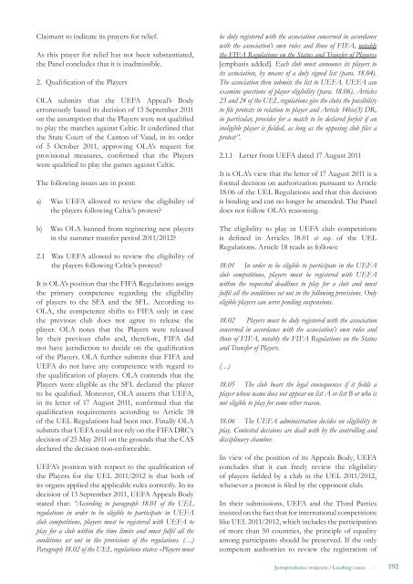 (CAS) Bulletin - Tribunal Arbitral  du Sport / TAS