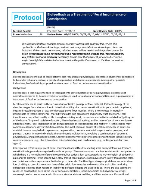 Biofeedback as a Treatment of Fecal Incontinence or Constipation