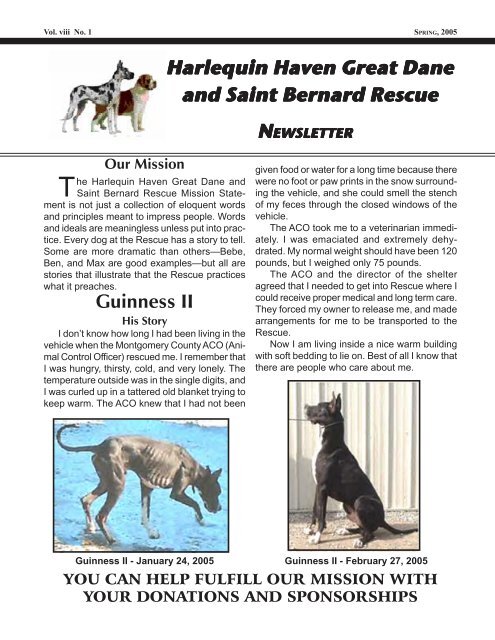 Harlequin Haven Great Dane Rescue Newsletter, Spring 2005, Vol ...