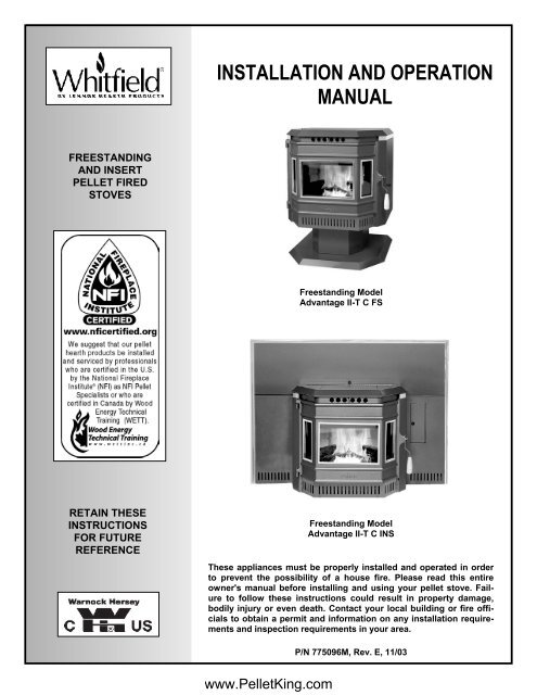 INSTALLATION AND OPERATION MANUAL - Wood Pellet Stoves