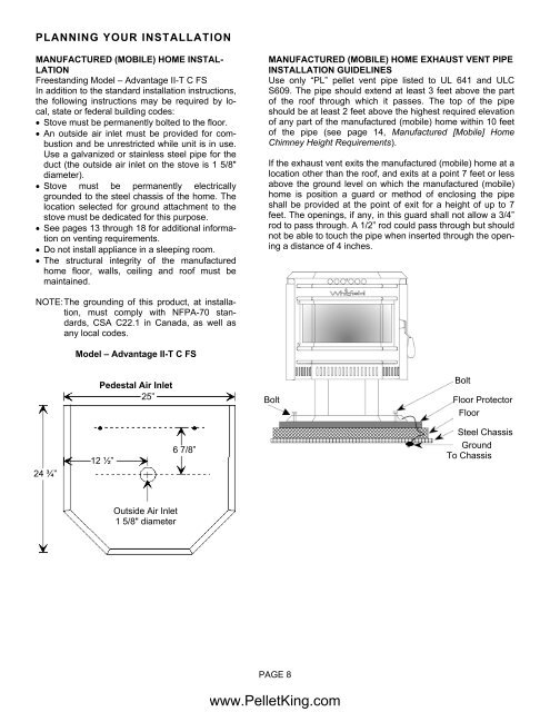 INSTALLATION AND OPERATION MANUAL - Wood Pellet Stoves