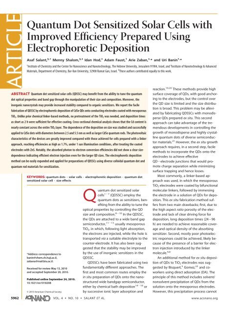 Quantum Dot Sensitized Solar Cells with Improved Efficiency ...