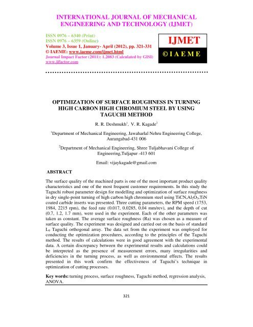 optimization of surface roughness in turning high ... - Iaeme.com