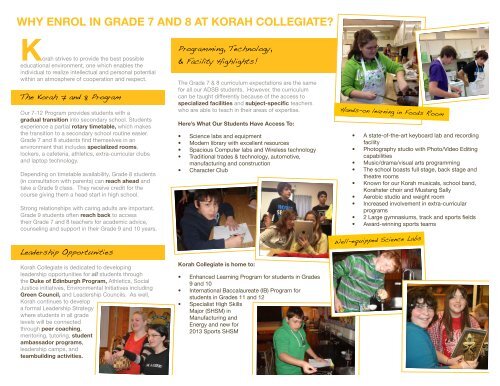 2013 Brochure: Korah's Grade 7 & 8 Intermediate Program