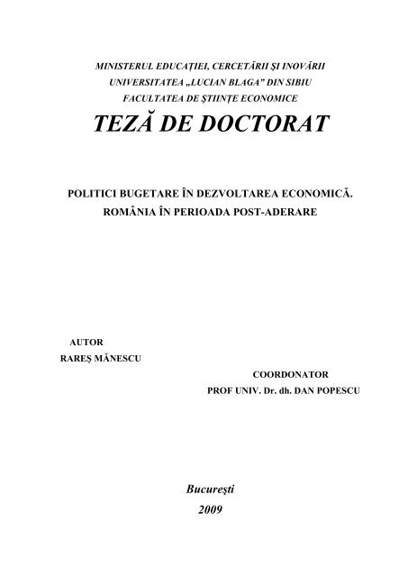 TEZĂ DE DOCTORAT - Doctorate ULBS - &quot;Lucian Blaga&quot; din Sibiu