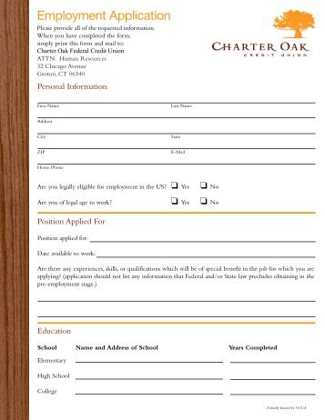 Employment Application - Charter Oak Federal Credit Union