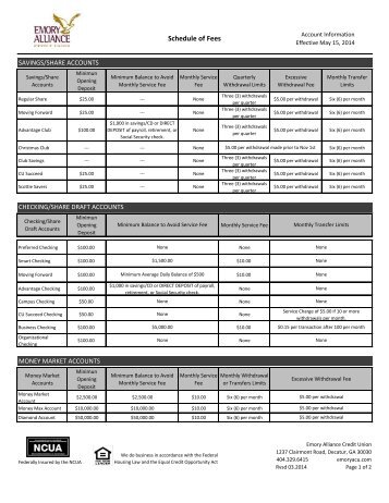 Schedule of Fees - Emory Alliance Credit Union