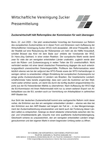 Wirtschaftliche Vereinigung Zucker (WVZ), Pressemitteilung