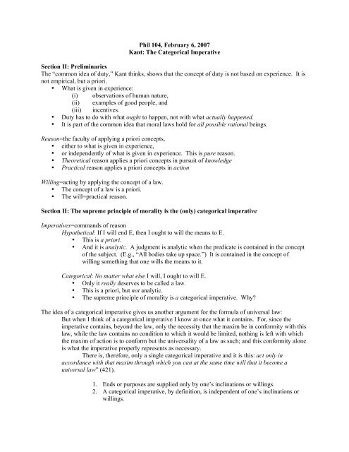 Phil 104 February 6 07 Kant The Categorical Imperative Section