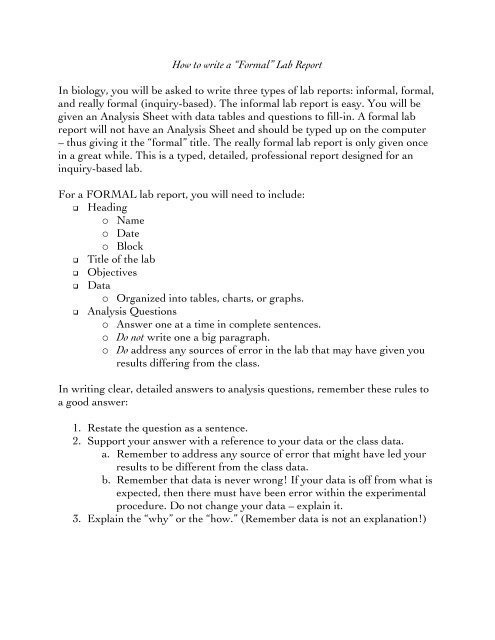 How to write a “Formal” Lab Report In biology, you ... - nnhsbergbio