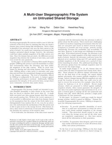 A multi-user steganographic file system on untrusted shared storage